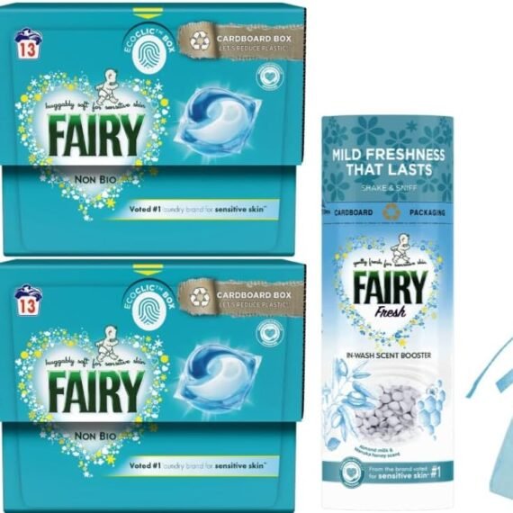 Fairy Laundry Washing Pack for Sensitive Skin: Fresh Fabric Conditioner, 26w, 858ml + In-wash Scent Booster Beads, Almond Milk & Manuka Honey, 176gr + Non Bio Pods, Capsules, 2Pk x 13Pods