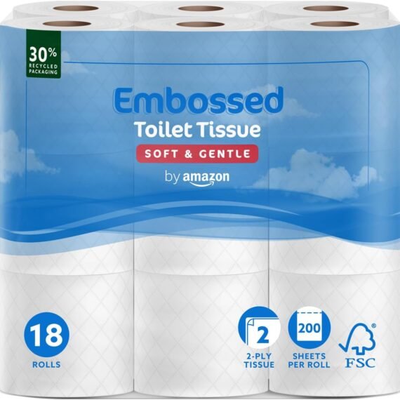 by Amazon Toilet Roll, 2-Ply Embossed, Soft and Gentle, 18 Rolls (Pack of 1), 200 Sheets per Roll, FSC Certified