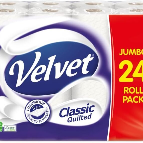 Velvet Classic Quilted Toilet Tissue 24 Rolls - Luxuriously Soft, Strong and Absorbent Toilet Roll - Jumbo Bulk Pack 24 Rolls - 3-ply - White