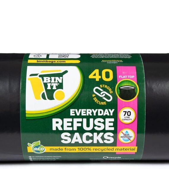 BIN IT 40 Everyday 70L Strong & Secure, Refuse Sacks, Bin Bags, Bin Liners, Flat Top, Recycled, Tear Resistant, 30 μm, Perfect for Everyday Use, Household, Office, Kitchen & Caterers